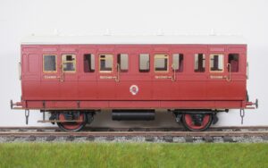 Four 10mm Fareham Carriage Works LB&SCR four wheeled vehicles in mahogany red livery, brand new