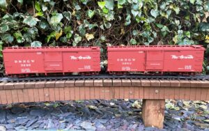 Set of three Accucraft D&RGW boxcars (#3044, 3052, 3522), bauxite FRG, 1:20.3 scale, original boxes